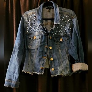 Lane Bryant Stretch Denim Pearl Studded Denim Jean Jacket - Plus Size 22